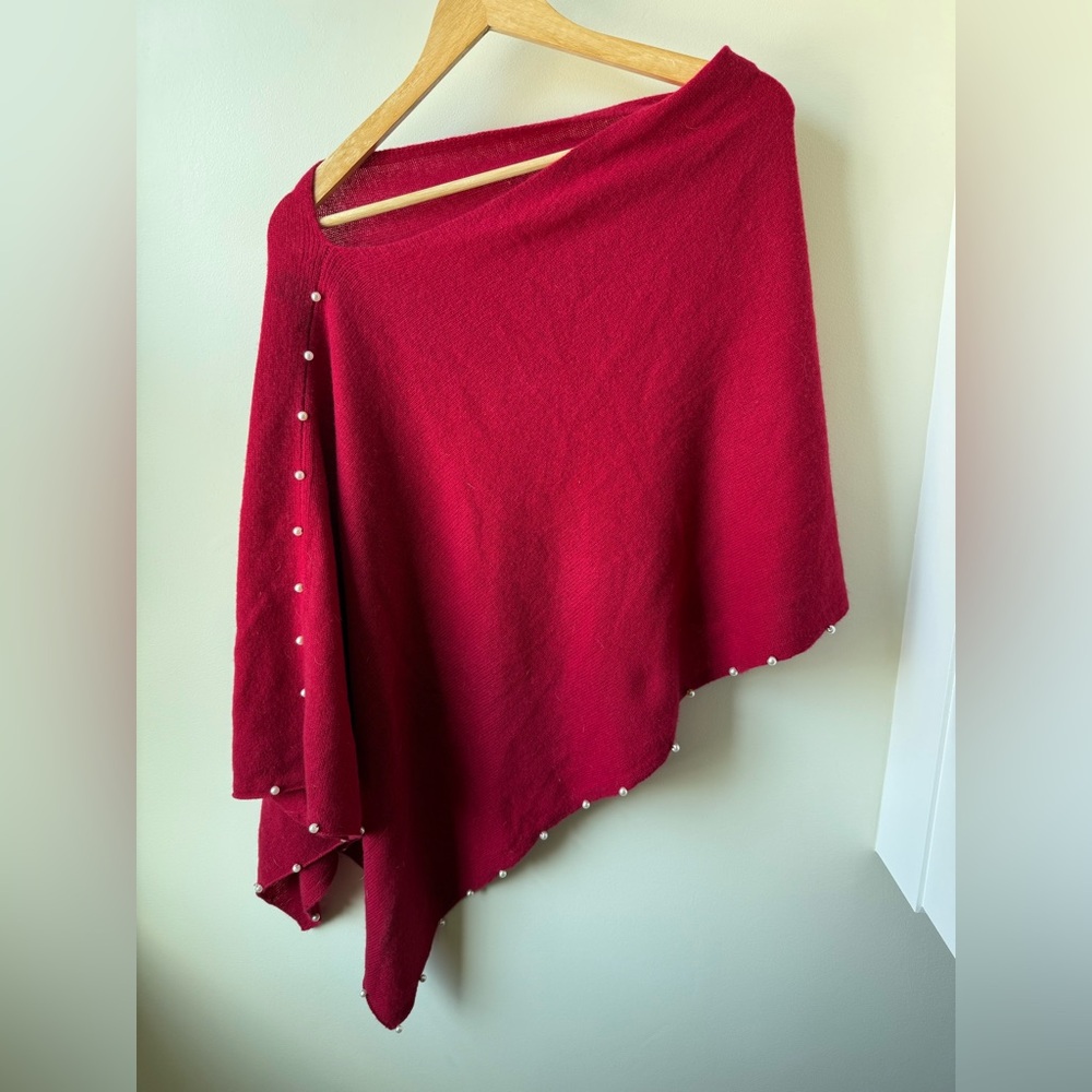 ALASHAN CASHMERE Dress‎ Topper Poncho Cozy Dressy Red Faux Pearl Old Money OS